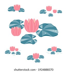 Es ist die Vektorgrafik-Kollektion von flacher Cartoon-Wasserlilie. Es gibt verschiedene Symbole mit rosafarbenen Blumen und blauen Blättern von Lotterien.