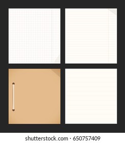 Vector isolated collection on dark backdrop of notebook, copybook leaves. Empty blank for rating, notes. School and business elements