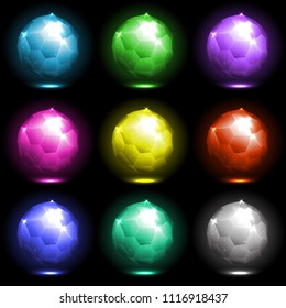 vector isolated collection of realistic crystals. Magic bright colorful pentagonal hexecontahedron stones for mobile game design or user interface. Trophy or achievment jewels
