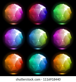vector isolated collection of realistic crystals. Magic bright colorful pentakis dodecahedron stones for mobile game design or user interface. Trophy or achievment jewels