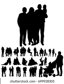 Vector, isolated, collection of silhouettes of family with children