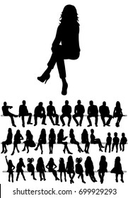 Vector, Isolated, Collection Of Silhouettes People Men And Women Sitting