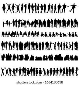 vector, isolated, collection, silhouettes set of people, children and parents