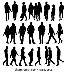 vector, isolated collection of silhouettes of walking people