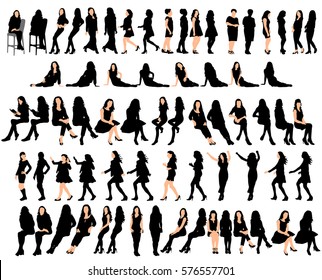 vector, isolated collection of silhouettes woman, standing, sitting,