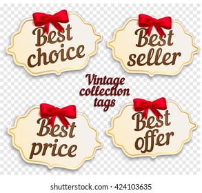 Vector isolated collection of tags, best choice, best seller, best price, best offer with red bow