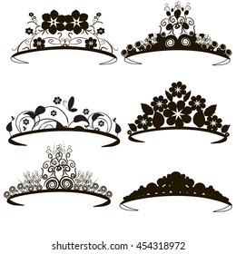 vector, isolated, collection of tiaras,  silhouette