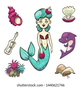 Vector isolated collection of underwater items with mermaid. Children hand drawn illustration in cartoon style