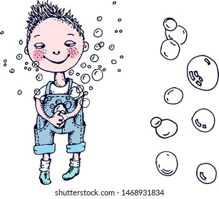 Vector isolated color doodle, cute boy with soap bar having fun with bubbles illustration, hand drawn style