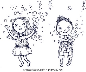 Vector isolated color doodle, cute boy and girl jumping with bubbles illustration, hand drawn style