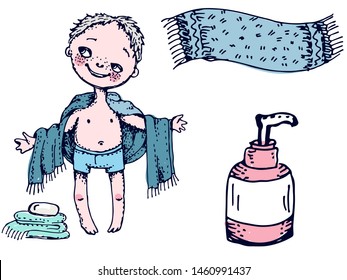 Vector isolated color doodle towel, boy, dispenser and soap, hand drawn style