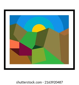 Vector isolated color geometric abstraction in rectangle, interior poster with white passepartout in black frame