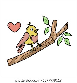 Vector isolated color illustration with black outline of a bird on a tree branch spring, easter theme.