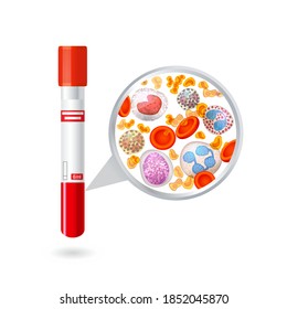 Vektor isolierte Farbillustrationsröhre mit Blut. Bluttest. Test auf Coronavirus Covid-19. Blut unter einem Mikroskop. Gute Blutzusammensetzung.