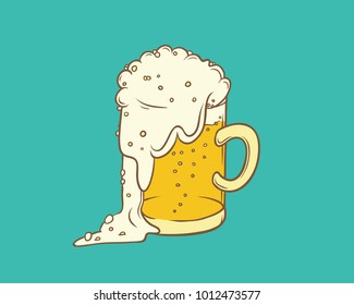 Vector isolated color sketch illustration pint, tumbler of beer. Bubbles and foam pouring from mug. Drink alcoholic beverage in glassware.