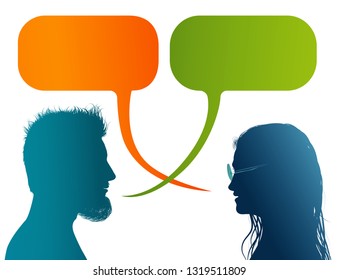 Vector isolated Colored profile silhouette with speech bubble. Talking between a man and a woman. Dialogue - discussion - communication between a couple or people