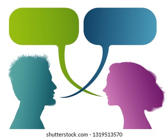 Vector isolated Colored profile silhouette with speech bubble. Talking between a man and a woman. Dialogue - discussion - chat communication between couple or people