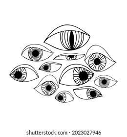Vector isolated colorful abstract illustration of lined black ornamental bright eye shapes. Mysterious graphic illustration.The design is perfect for coloring, stickers, badges, posters