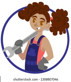 vector isolated colorful cartoon smiling girl mechanic with wrench in circle on white