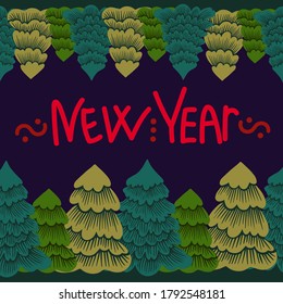 Vector isolated colorful design frame New Year card with decorative fir trees