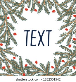 Vector isolated colorful design frame with decorative Christmas tree branch with red stars. The design is perfect for stickers, decorations, illustrations, logos, invitations, packaging, logos.