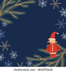 Vector isolated colorful design illustration frame with decorative Christmas tree branch and Santa elf on dark blue. The design is perfect for advertisements, invitations, cards, announcements