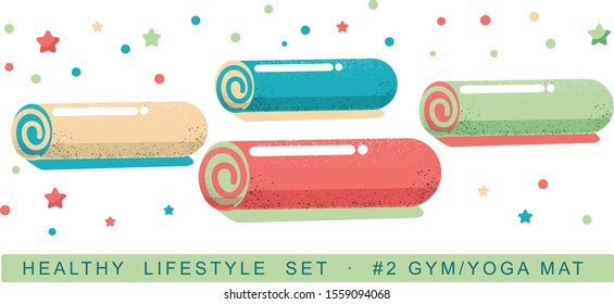Vector isolated colorful gym mat  illustration, yoga mat in vintage retro girly colors teal beige mint coral minimalistic flat style, fitness mat with stars and dots, cute pastel feminine style icons