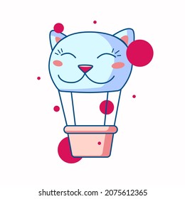 Vector isolated colorful illustration of a cat balloon. Air balloon with a basket. Cute simple style