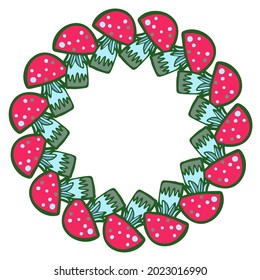 Vector isolated colorful illustration design with lined mushrooms or fungi in a circle vignette. Autumn design. Design is perfect for stickers, frames, cards, logos, badges