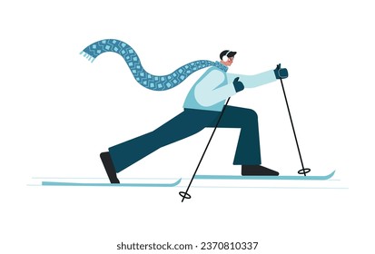Vector isolated colorful illustration with male character in blue dress having winter training outdoor. Flat cartoon  sportive man is skiing in cross country style. Nordic skier has activity on snow