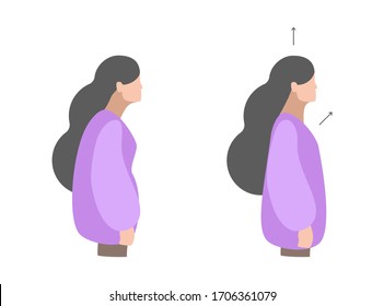 Vector isolated colorful illustration. Neck exercises by girl for relax. Work with back. Uncorrect and correct straight posture. Creative concept. Violet colors. White background.