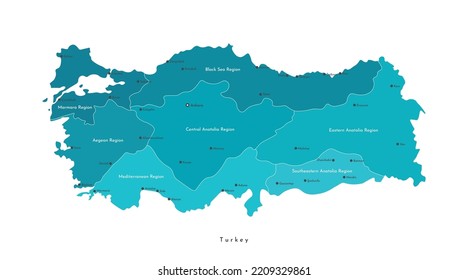 Vector isolated colorful illustration. Simplified administrative geographical map of Turkey. Names of Turkish cities and region. White background. 