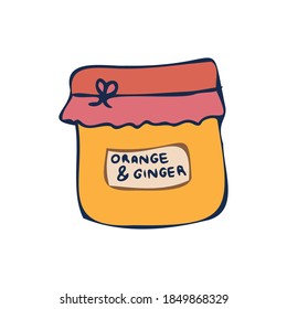 Vector isolated colorful lined design of glass jar with orange and ginger jam. The design is perfect for stickers, coloring, textiles, decorations, advertisements, logos