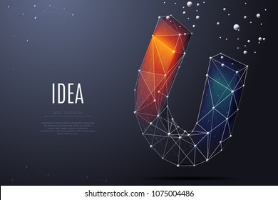 Vector isolated colorful magnet. Low poly wireframe and points. Polygonal 3D white attraction concept on dark background. loadstone with geometry triangle. Abstract business mash line origami