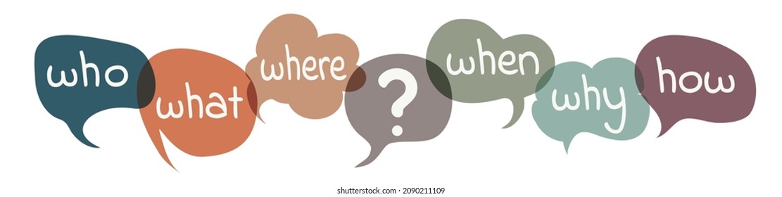 Vector isolated colorful speech bubble with question Who What Where When Why How and question mark. Investigate analyze and solve various questions.Problem solving or brainstorming concept