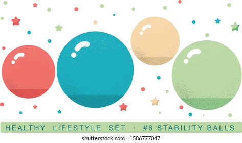 Vector isolated colorful stability balls or fitballs illustration, in vintage retro girly colors teal beige mint coral minimalistic flat style, with stars and dots, cute pastel feminine style icons