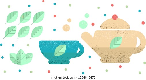 Vector isolated colorful tea cup with tea pot and green tea leaves, in vintage colors teal beige mint coral minimalistic flat style, kettle and mug icons