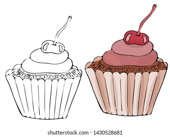 Vector isolated coloring bakery products, dessert. Sweet dessert coloring book. Vector isolated bakery coloring.