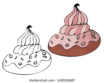 Vector isolated coloring bakery products, dessert. Sweet dessert coloring book. Vector isolated bakery coloring.