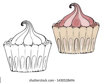 Vector isolated coloring bakery products, dessert. Sweet dessert coloring book. Vector isolated bakery coloring.