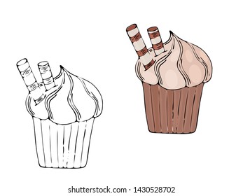Vector isolated coloring bakery products, dessert. Sweet dessert coloring book. Vector isolated bakery coloring.