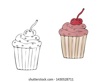 Vector isolated coloring bakery products, dessert. Sweet dessert coloring book. Vector isolated bakery coloring.