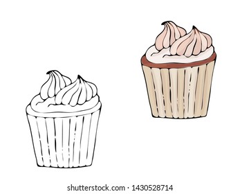 Vector isolated coloring bakery products, dessert. Sweet dessert coloring book. Vector isolated bakery coloring.