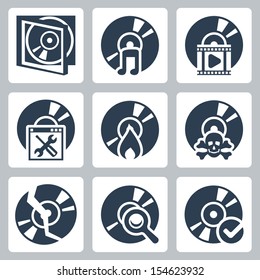 Vector isolated compact disk icons set: case, music, video, soft, search, burning, piracy