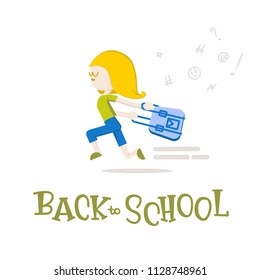 Vector isolated composition - little girl with satchel, runs to school. 1st September illustration. Colourful print for flyers, diary cover, posters