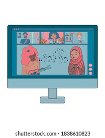 Vector isolated computer with people having online party. Family and friends play music and drink wine during quarantine.