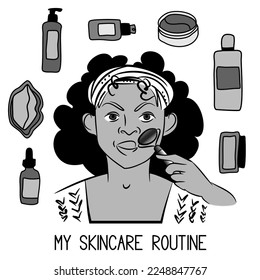 Vector isolated concept with African American young woman with jade roller and skincare products such as cream, serum, essential oil. My skincare routine. Flat design. Line, black and white, graphic