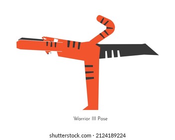 Vector isolated concept with animal cartoon character doing strengthening yoga practice - Virabhadrasana III. Siberian tiger learns Warrior III Pose. Flat illustration of balancing fitness training