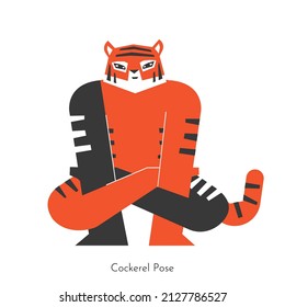 Vector isolated concept with animal character learning arm-balancing yoga practice - Cockerel Pose. Bengal tiger does core asana - Kukkutasana. Flat illustration shows sport exercise - Rooster Posture