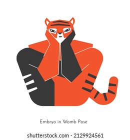 Vector isolated concept with animal character learning yoga practice - Embryo in womb pose. Bengal tiger does core asana - Garbha Pindasana. Flat illustration shows seated sport exercise 